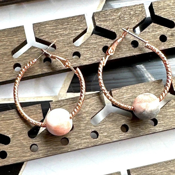 041Rhodonite sphere charms rose gold medium hoop earrings/manifesting deep love - Picture 1 of 5
